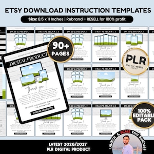 Puede incluir: Plantillas de instrucciones de descarga digital de Etsy, tamaño 8,5 x 11 pulgadas. La imagen muestra una tableta con el texto "Digital Product", rodeada de varias maquetas de productos. Incluye insignias "90+ Pages" y "100% Editable Pack".