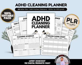Adhd Cleaning Checklist Planner Canva PLR, ADHD Friendly Cleaning Planner Templates Resell Rights, Family Cleaning Planner ADHD Template