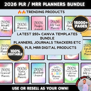 May include: A digital planner bundle with various 2026 planners, including weight loss, prayer, and self-care. The image features a collection of digital templates, journals, and trackers, with the text "Trending Products" and "100% Editable."