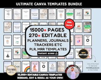 Canva PLR Templates Bundle, 250+ Planners, Journals, Trackers, MRR Digital Products, Master Resell Rights, PLR Editable Templates