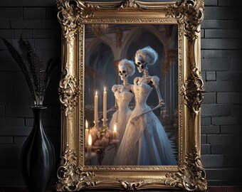 May include: Two skeletons dressed in white wedding gowns stand in a dimly lit room with candles and flowers. The skeletons are holding hands and looking at each other.