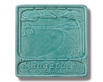 Saugatuck Michigan Art Tile  Craftsman style Michigan Gifts lakehouse art Cottage Core Decor ideas Lake Michigan Life