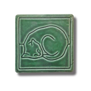 Line Cat Art Tile in Leaf Green Glaze 4x4 inches