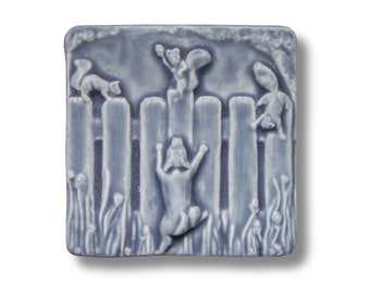 Vintage Dog Art Tile: Playful Pup Chasing Squirrel at Fence - Unique Kitchen Decor & Gift for Animal Lovers