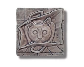 Cat in Bag Art Tile Craftsman Style Decor ideas Cottage Core Tile Art Wall Sculpture Vintage Ceramic Art curious cat  decor