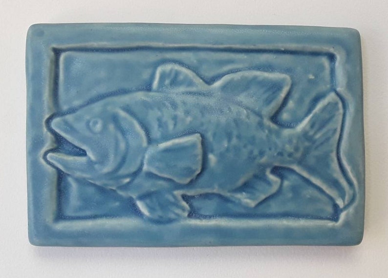 Bass Art Tile Dad Gift Tile Fish Art Vintage Style Bass Wall Art Fishing Gift Cottage Core Bass Lakeside Living man cave decor Freshwater Blue