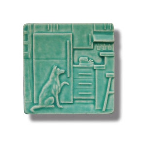 Charming Cottage Core Dog Tile: Ceramic Porcelain Kitchen Wall Art with Begging Pup at Fridge