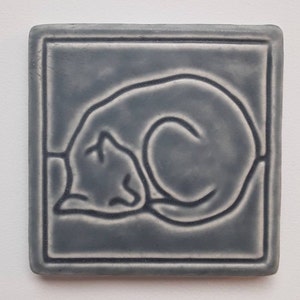 Line Cat Tile in Smoky Blue glaze. Hand Made in Michigan. 4x4 inches