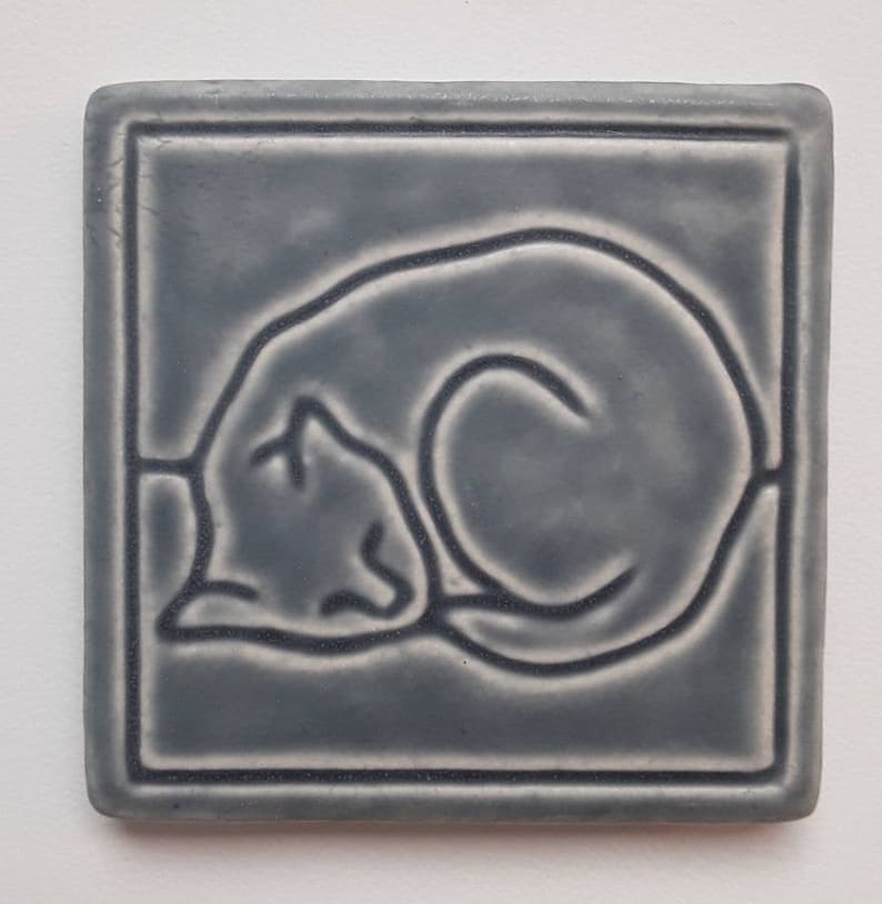 Line Cat Tile in Smoky Blue glaze. Hand Made in Michigan. 4x4 inches