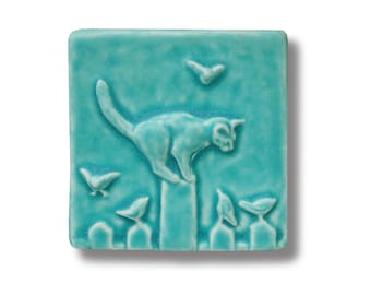 Whimsical Cat on Fence Ceramic Tile - Funny Feline Art Sculpture for Home Decor & Cat Lover Gifts