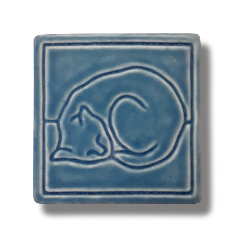 Line Cat Art Tile in Freshwater Blue Glaze 4x4 inches