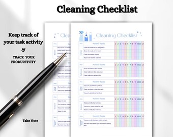 Kolorowy zestaw checklist do sprzątania, codzienny miesięczny planer, organizacja domu, śledzenie obowiązków, tęczowa checklista