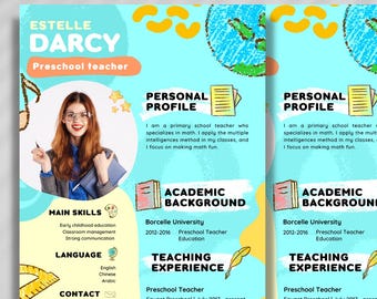 Niebieski Żółty Nauczyciel Przedszkola CV, Zabawny Projekt, Kreatywny Nauczyciel CV, Portfolio Nauczycielskie, Wzór CV Edukacyjnego
