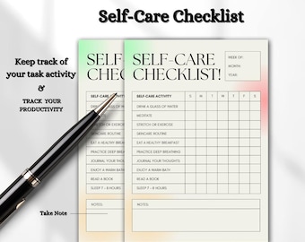 Kolorowy planer listy kontrolnej samoopieki, minimalistyczny planer dzienny, dziennik dobrego samopoczucia, śledzenie nawyków, organizer zdrowia psychicznego