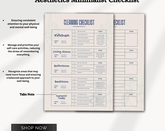 Niebiesko-beżowa minimalistyczna lista kontrolna sprzątania, organiczna organizacja domu do druku, planer domu, lista obowiązków, wkładka do segregatora domowego