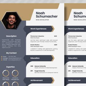 Op de afbeelding: Een cv voor Noah Schumacher, een webontwikkelaar. Het cv bevat een foto, contactgegevens, werkervaring, opleiding en expertise. Het cv is ontworpen met een moderne, minimalistische esthetiek.