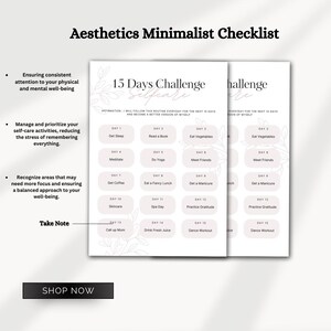 Puede incluir: Una lista de verificación imprimible de 15 días para un desafío de cuidado personal con una estética minimalista. La lista incluye actividades como dormir, leer un libro, comer verduras, meditar, hacer yoga, reunirse con amigos, tomar café, comer un almuerzo elegante, hacerse una manicura, cuidar la piel, ir al spa, practicar la gratitud, llamar a mamá, beber jugo fresco y hacer ejercicio de baile.