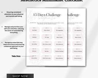 Wyzwanie samoopieki Wydrukuj planer, 15-dniowy program dobrego samopoczucia, dziennik samomiłości, dziennik uważności, zeszyt ćwiczeń do codziennych refleksji