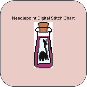 Puede incluir: Gráfico de punto de aguja digital que presenta una botella rosa con un tapón de corcho y una silueta negra de una llama en su interior.