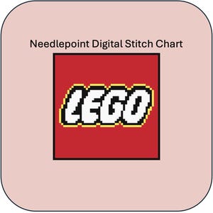 Może przedstawiać: Cyfrowy schemat do haftu krzyżykowego z logo LEGO w kolorze białym na czerwonym tle.