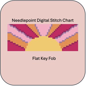 Peut inclure: Diagramme de point de croix numérique pour un porte-clés plat. Le motif représente un coucher de soleil stylisé avec des couleurs orange, jaune, rose et violet.