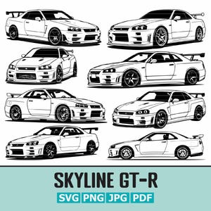 Paquete SVG de Skyline GT-R R34 / Diseños icónicos de Skyline GTR R34 / Arte lineal de autos deportivos / Archivos svg - png - pdf - jpg / Descarga digital instantánea