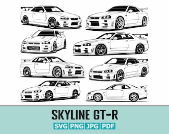 Pacote Skyline GT-R R34 SVG | Designs icônicos do Skyline GTR R34 | Arte de linhas de carros esportivos | Arquivos SVG - PNG - PDF - JPG | Download digital instantâneo