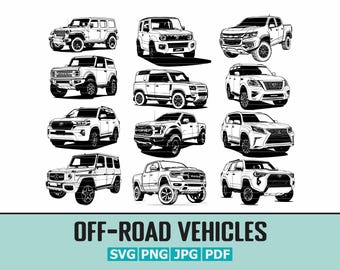 May include: Black and white illustrations of various off-road vehicles, including SUVs and trucks. The image features a collection of different car models, each with unique designs and details. The text "OFF-ROAD VEHICLES" is displayed at the bottom, along with file type options.
