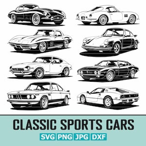 Paquete SVG de autos deportivos clásicos / 8 diseños icónicos de autos antiguos / Gráficos de autos deportivos retro / Archivos svg - png - dxf - jpg / Descarga digital