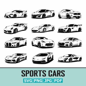Pacchetto SVG di auto sportive / 12 automobili iconiche ad alte prestazioni / Auto sportive moderne / File svg - png - pdf - jpg / Download digitale istantaneo
