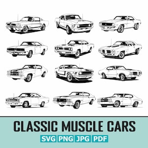 Pacchetto SVG di auto muscolose classiche / 12 auto americane iconiche / Auto muscolose d'epoca / file svg - png - pdf - jpg / download digitale istantaneo