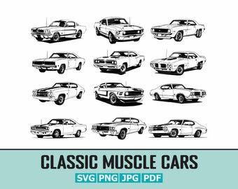 May include: A collection of nine black and white illustrations of classic muscle cars. The cars are all facing forward and are drawn in a realistic style. The text "CLASSIC MUSCLE CARS" is at the bottom of the image, with the text "SVG PNG JPG PDF" below that.