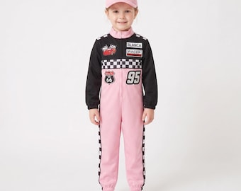 Kids Pink and Black Race Car Driver Costume, Personalized Racing Jumpsuit, Custom Number, Optional Pink or Black Hat