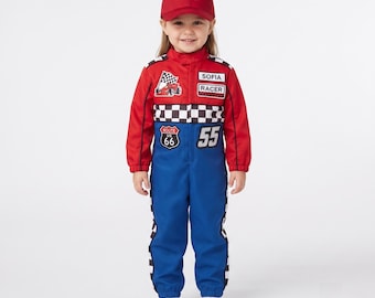 Kids Red and Blue Race Car Driver Costume, Personalized Racing Jumpsuit, Custom Number, Optional Red Blue or Black Hat