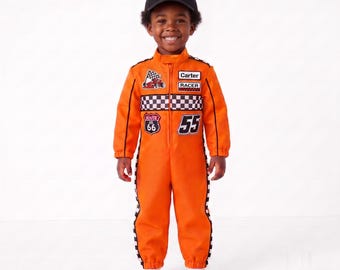 Kids Orange Race Car Driver Costume with Hat, Personalized Racing Jumpsuit, Boys Halloween Costume, Race Car Birthday Outfit