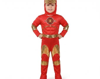 Kids Red Gold Armored Superhero Costume, Boys Hero Dress Up Outfit, Halloween Costume with Mask and Hood, Birthday Party Outfit