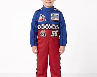 Kids Blue and Red Race Car Driver Costume, Personalized Racing Jumpsuit, Custom Number Outfit, Optional Hat in 2 Colors