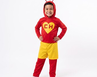 Kids Retro Superhero Costume, Red and Yellow Hero Outfit with Hood and Antennas