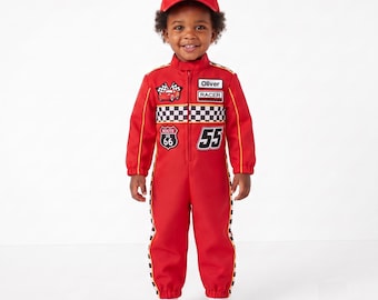 Kids Red Race Car Driver Costume, Personalized Racing Jumpsuit for Boys and Girls, Custom Number Halloween Driver Outfit