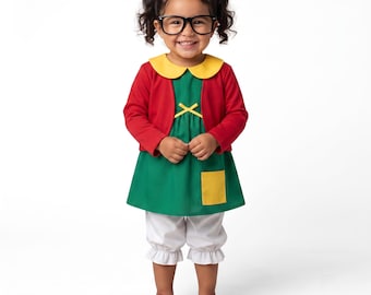Girls Retro Character Costume, Green Dress Red Cardigan, Glasses and White Bloomers