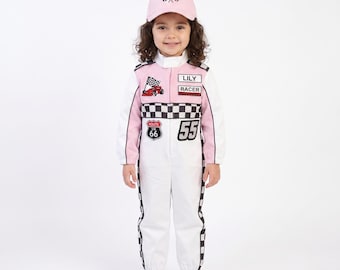 Kids Pink and White Race Car Driver Costume, Personalized Racing Jumpsuit, Custom Number, Optional Pink White or Black Hat