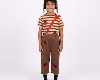 Retro TV Boy Costume, Classic Character Outfit with Plaid Hat, Striped Shirt and Brown Pants