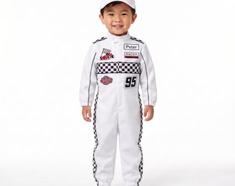 Kids White Race Car Driver Costume, Personalized Racing Jumpsuit for Boys and Girls, Custom Number Halloween Driver Outfit