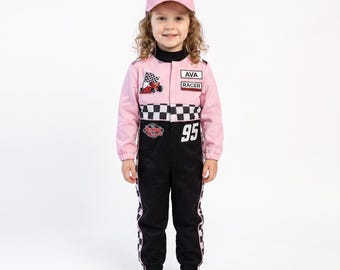 Kids Pink and Black Race Car Driver Costume, Personalized Racing Jumpsuit, Custom Number, Optional Pink or Black Hat