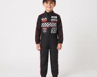Kids Black Race Car Driver Costume, Personalized Racing Jumpsuit for Boys and Girls, Custom Number Halloween Driver Outfit