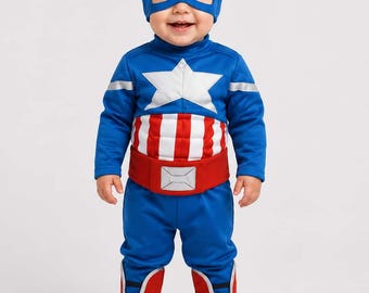 Kids Patriotic Superhero Costume, Blue Red White Hero Outfit with Mask, Boys Halloween Dress Up Costume, Muscle Superhero Suit