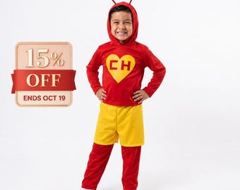 May include: A red and yellow costume featuring a hooded long-sleeve top with a yellow heart graphic containing the letters CH, red pants, and a hood with two red antennae. The outfit includes a rectangular sign stating 15% OFF ENDS OCT 19.