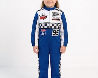 Kids White and Blue Race Car Driver Costume, Personalized Racing Jumpsuit, Custom Number Outfit, Optional Hat in 2 Colors