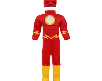 Kids Red Lightning Superhero Costume, Speed Hero Suit, Halloween Dress Up (Includes Mask)