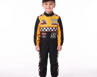 Kids Yellow and Black Race Car Driver Costume, Personalized Racing Jumpsuit, Custom Number Halloween Outfit